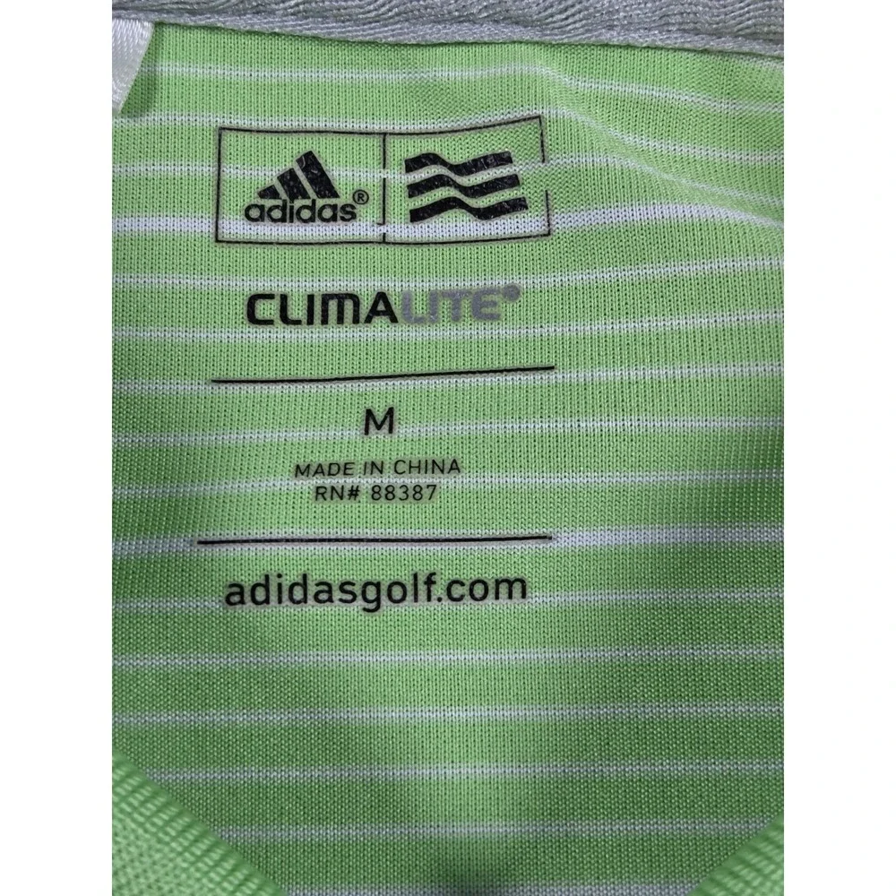Adidas Golf Polo Shirt M Green Men Striped Climalite Ravines Logo Short Sleeve
